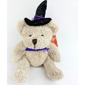 Russ Tan Halloween Bear Plush Stuffed Animal 4 Inches Black Hat Purple Bow Sweet
